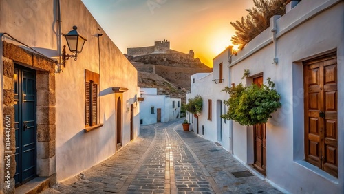Fototapeta Naklejka Na Ścianę i Meble -  Serene morning scene in Lindos Rhodes with silhouettes of buildings and people