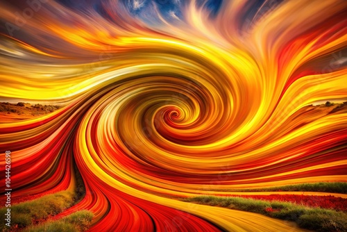 Experience a striking abstract twirl pattern in bold red and yellow hues, ideal for design projects. Achieve breathtaking visuals with 4K resolution quality!