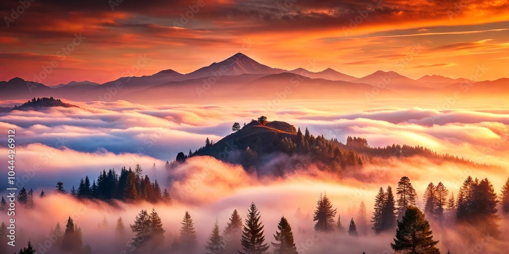 Naklejka premium A Majestic Panorama of Serene Mountaintops Bathed in the Golden Hues of a Breathtaking Sunrise, Where the Misty Veil of Clouds Gently Envelopes the Landscape