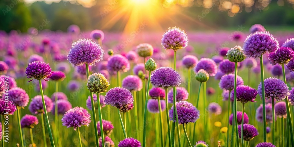 Fototapeta premium A field of blooming purple flowers reaching for the sun's golden rays, a symphony of color and delicate beauty in nature's embrace.