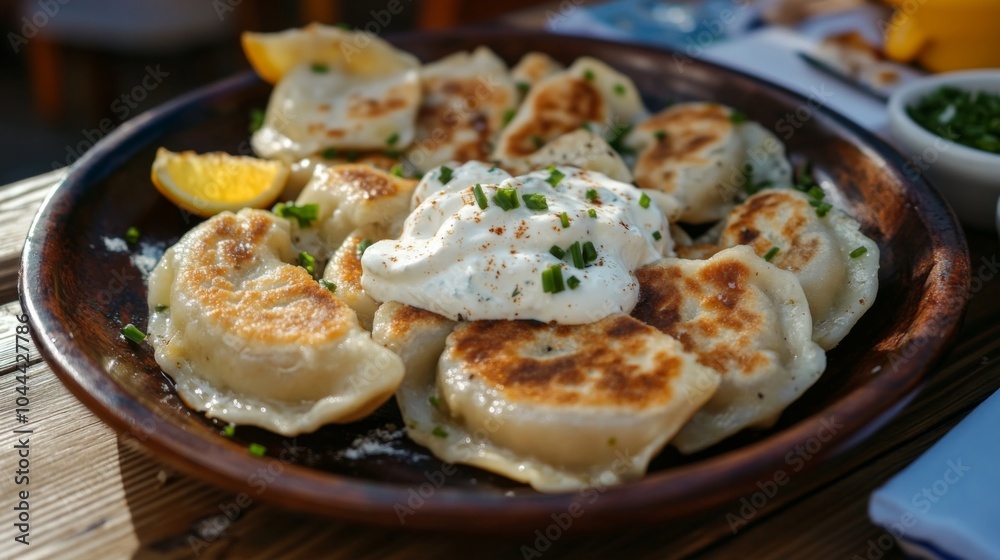 Delicious Pierogi with Sour Cream and Chives on Rustic Table Delicious Pierogi with Sour Cream and Chives on Rustic Table