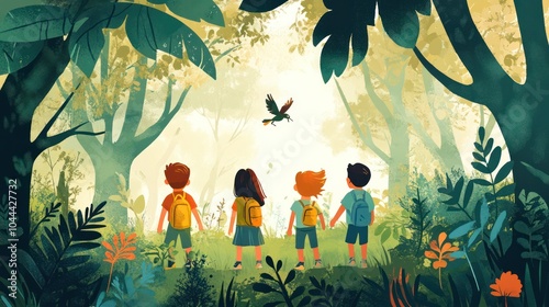 children in nature illustrations, joyful children exploring a beautiful forest, discovering wildlife and plants