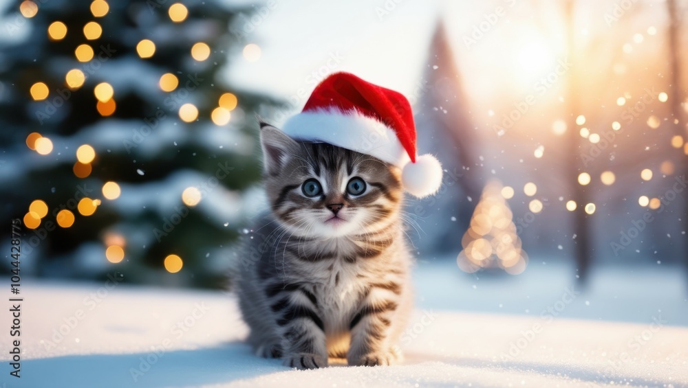 Cute kitten, Santa hat, Christmas tree, bokeh lights, snowy background, cozy atmosphere, winter scene, festive mood, soft focus, warm glow, holiday spirit, furry pet, adorable expression, tabby cat, C Cute kitten, Santa hat, Christmas tree, bokeh lights, snowy background, cozy atmosphere, winter scene, festive mood, soft focus, warm glow, holiday spirit, furry pet, adorable expression, tabby cat, C