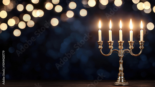 beautifully lit menorah stands elegantly, symbolizing light of Hanukkah, with its candles glowing warmly against backdrop of soft bokeh lights photo