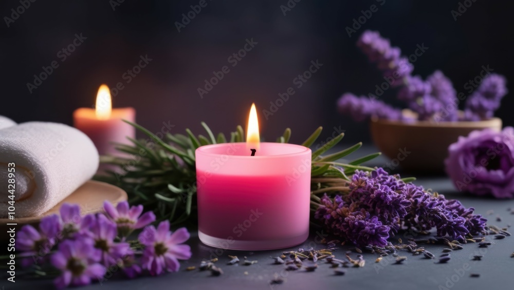 aromatic spa scene, pink lit candle, lavender flowers, wooden bowl, white towel, dark background, soft focus, relaxation, wellness, aromatherapy, tranquil atmosphere, purple hues, candlelight glow, ze