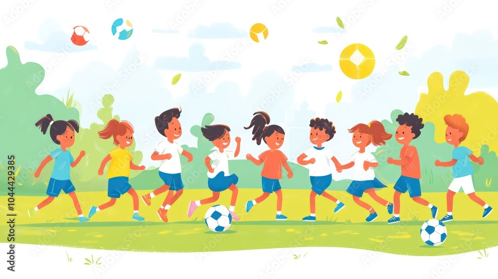 children playing sports illustrations, diverse group of kids enjoying a friendly soccer game in a sunny park children playing sports illustrations, diverse group of kids enjoying a friendly soccer game in a sunny park