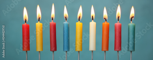 Close up of colorful candles burning brightly, showcasing various stages of burn. vibrant hues create warm and inviting atmosphere, perfect for celebrations photo