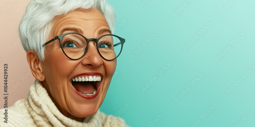 A joyful senior woman with gray hair and glasses smiles widely against a vibrant pastel background, capturing a sense of happiness and positivity. A joyful senior woman with gray hair and glasses smiles widely against a vibrant pastel background, capturing a sense of happiness and positivity.