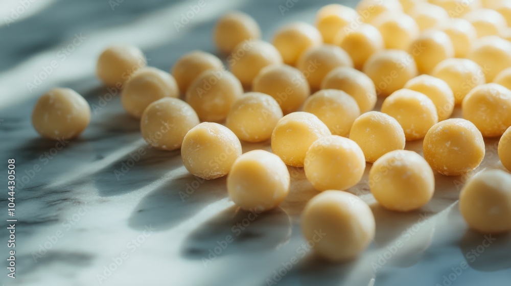 Close-up of Round, Light Yellow, Dough Balls on White Marble Surface Close-up of Round, Light Yellow, Dough Balls on White Marble Surface
