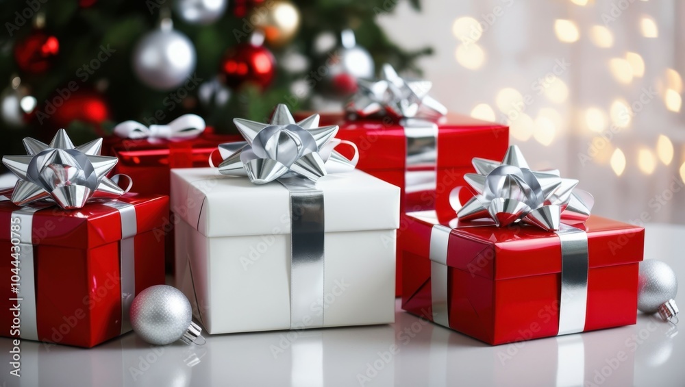 Christmas gifts, red and white wrapped presents, silver bows, bokeh lights, festive holiday scene, Christmas tree background, shiny wrapping paper, elegant gift boxes, seasonal decorations, studio pho Christmas gifts, red and white wrapped presents, silver bows, bokeh lights, festive holiday scene, Christmas tree background, shiny wrapping paper, elegant gift boxes, seasonal decorations, studio pho