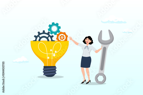 Innovation or product development, idea or solution to solve business problem, invention or technology creation to build new product, efficiency concept, businesswoman build gear in lightbulb idea