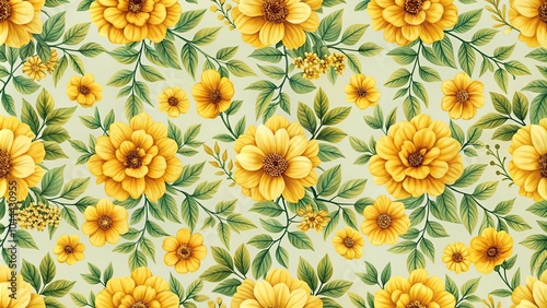 repeating seamless floral pattern with yellow blooms and leaves