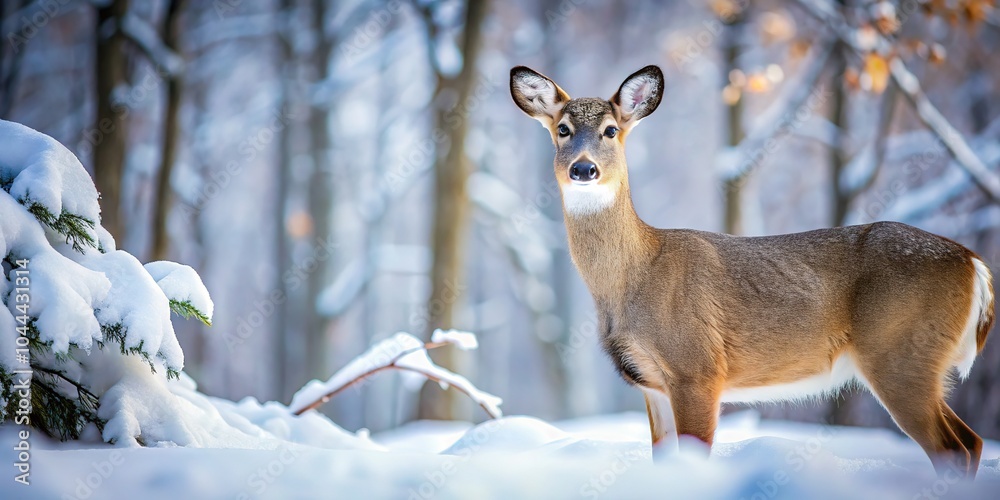 In a snowy forest, a whitetail doe finds peace amidst winter's embrace. In a snowy forest, a whitetail doe finds peace amidst winter's embrace.