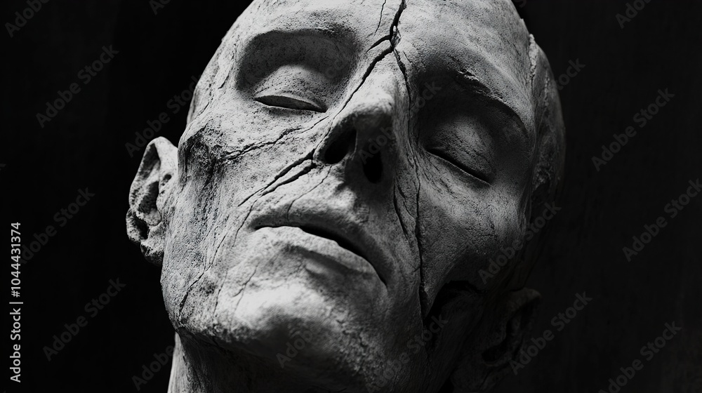 Close-up of a Cracked Stone Sculpture of a Human Head Close-up of a Cracked Stone Sculpture of a Human Head