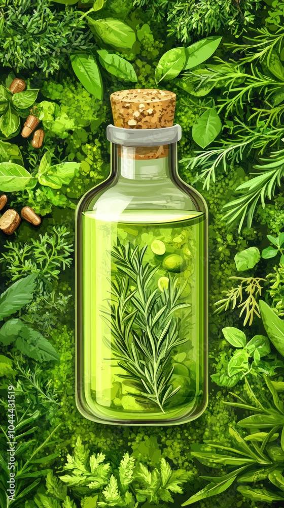 A bottle of green liquid with herbs in it. The bottle is surrounded by green plants A bottle of green liquid with herbs in it. The bottle is surrounded by green plants