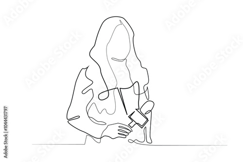 continuous line of female journalist carrying microphone for interview.single line vector illustration. isolated white background