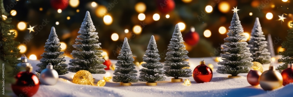 Christmas scene, miniature silver metallic trees, red and gold ornaments, festive lights bokeh, blue snowy background, holiday decorations, warm glow, cozy atmosphere, winter wonderland, nostalgic, ma Christmas scene, miniature silver metallic trees, red and gold ornaments, festive lights bokeh, blue snowy background, holiday decorations, warm glow, cozy atmosphere, winter wonderland, nostalgic, ma