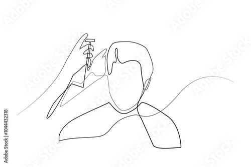 continuous line drawing of men's hair care.one line drawing of man doing hair care in salon.single line vector illustration.isolated white background