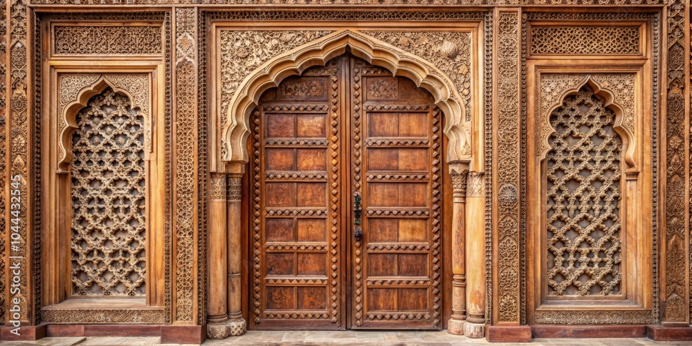 Fototapeta Ornate door with intricate carvings and vibrant colors in India , ornamental, entrance, doorway