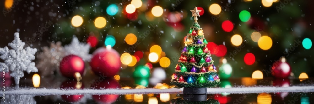 Obraz premium Christmas tree ornaments, colorful bokeh lights, festive decorations, reflective surface, holiday ambiance, glowing spheres, winter scene, magical atmosphere, sparkling lights, blurred background, sea