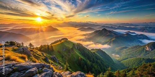 Serene mountain landscape with open book at sunrise high angle view