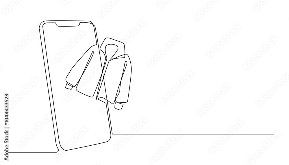continuous line drawing of a woman's jacket coming out of the cellphone screen.single line of cellphone and jacket.one line online shopping vector.isolated white background continuous line drawing of a woman's jacket coming out of the cellphone screen.single line of cellphone and jacket.one line online shopping vector.isolated white background