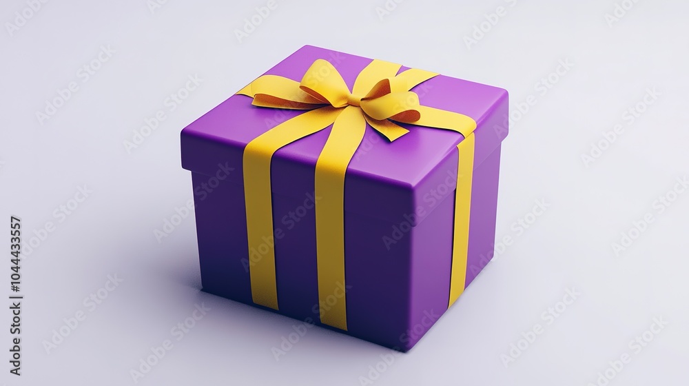 3d purple gift box with yellow ribbon isolated background. 3D Bright White 3d purple gift box with yellow ribbon isolated background. 3D Bright White