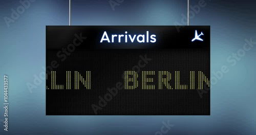 Berlin flight arrivals showing on the screen digital, 4k animation typography