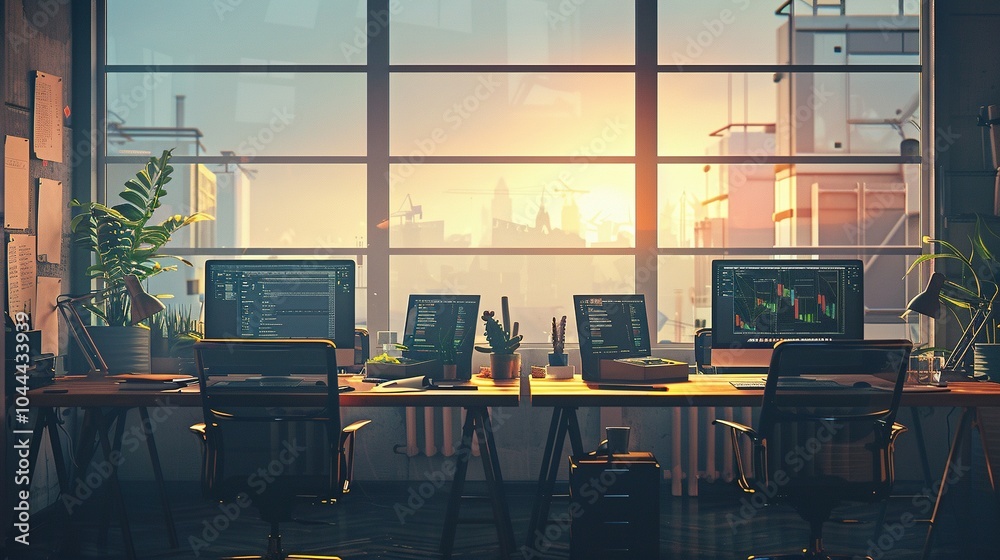 Naklejka premium Dynamic Working Place: Coworking Space Featuring PCs, Desks, and Panoramic Glass Walls