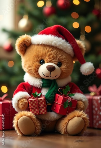 Festive Teddy Bear with Mistletoe: A High-Resolution Holiday Wallpaper Featuring a Cozy Christmas Tree and Cheerful Decorations