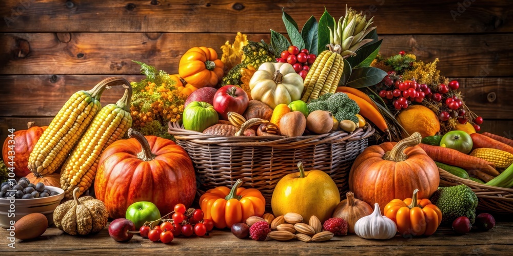 A bountiful display of fresh fruits, vegetables, and nuts for the Thanksgiving harvest season , abundance, variety A bountiful display of fresh fruits, vegetables, and nuts for the Thanksgiving harvest season , abundance, variety