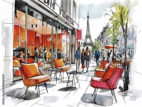 Watercolor illustration of a street cafe in Tokyo with the Tokyo Tower in the background