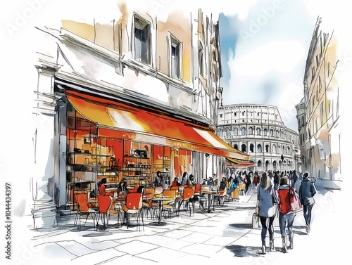 Watercolor illustration of a street cafe in Rome with outdoor seating and famous landmarks