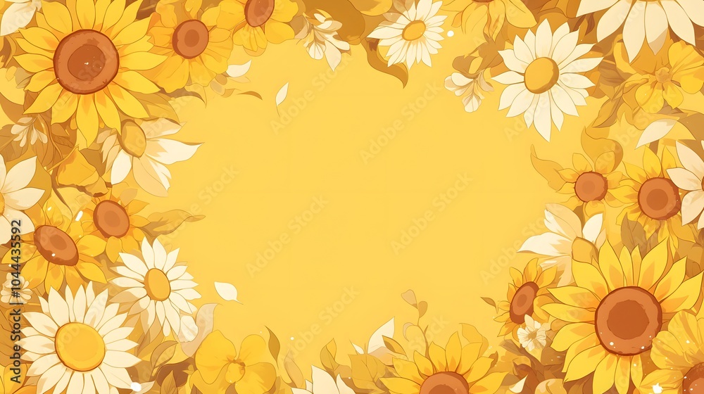 A bright and cheerful 2D greeting card with cartoon-style sunflowers and daisies framing a blank center, set against a pastel yellow background.