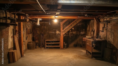 A Dark and Dusty Basement with Wooden Beams and a Single Light Bulb