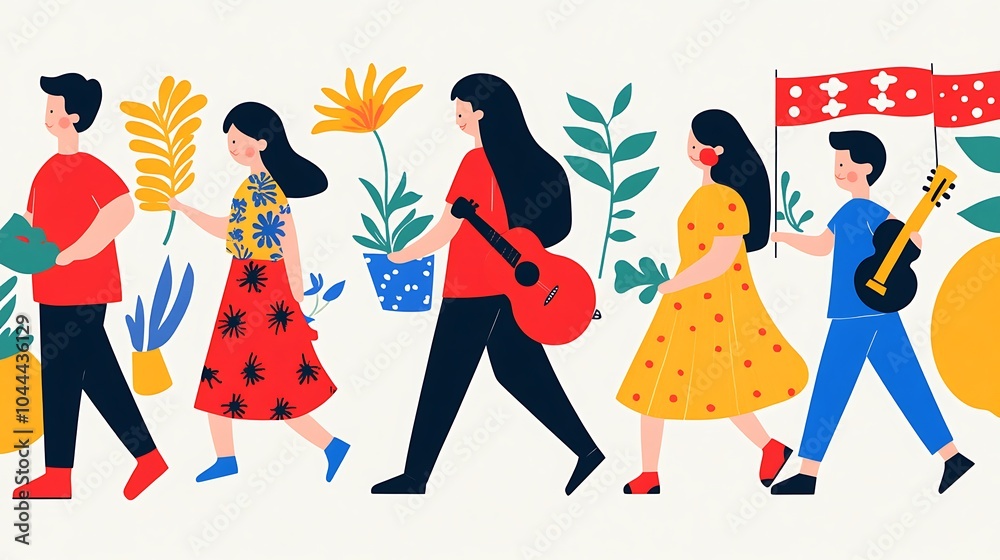 Families Walking Together in a Colorful Parade Families Walking Together in a Colorful Parade