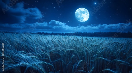A breathtaking field of glowing wheat swaying gently in the breeze under a moonlit sky