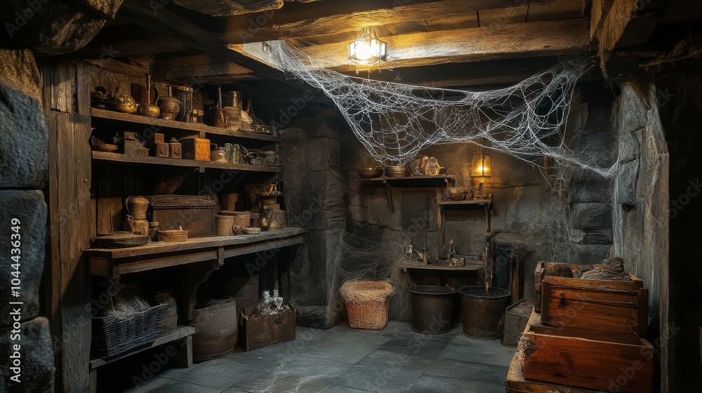A dimly lit, cobweb-draped room with shelves filled with old, dusty items A dimly lit, cobweb-draped room with shelves filled with old, dusty items