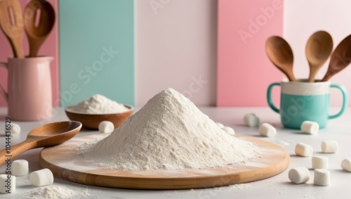 Heap of white flour, wooden cutting board, pastel background, soft lighting, baking ingredients, kitchen scene, powder texture, circular shape, culinary photography, pink and blue accents, minimalist 