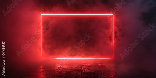 Red neon rectangle frame or neon lights with smoke, Geometric laser glowing lines. Abstract Background