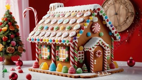 Wallpaper Mural Gingerbread house, festive decoration, candy cane, Christmas scene, icing details, miniature trees, colorful candies, red background, holiday treats, cozy cottage, snowy roof, gumdrops, warm lighting, Torontodigital.ca