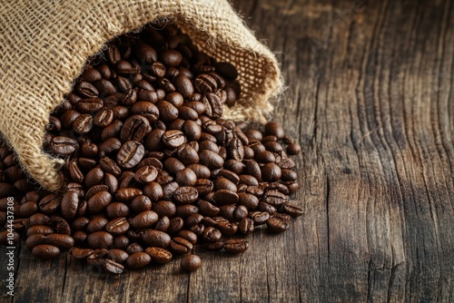 A close-up of freshly roasted coffee beans in a burlap sack, spilling onto a rustic wooden table, with ample blank space for commercial text overlay