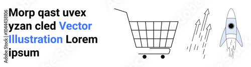 Shopping cart on wheels next to ascending rocket symbols. Ideal for e-commerce success growth startups innovation and digital marketing concepts. Banner for landing page