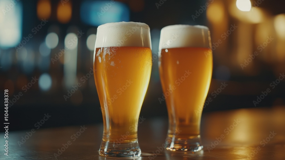 Two Glasses of Beer on a Bar Counter Two Glasses of Beer on a Bar Counter