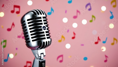 Vintage silver microphone, colorful musical notes, pink background, confetti, retro style, studio photography, vibrant colors, music celebration, close-up, decorative, festive atmosphere, pop art aest