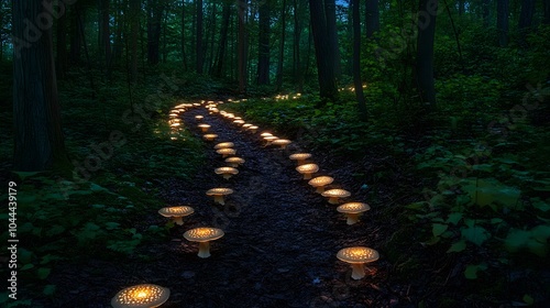 A serene forest clearing where bioluminescent mushrooms illuminate the path leading deeper into the woods photo