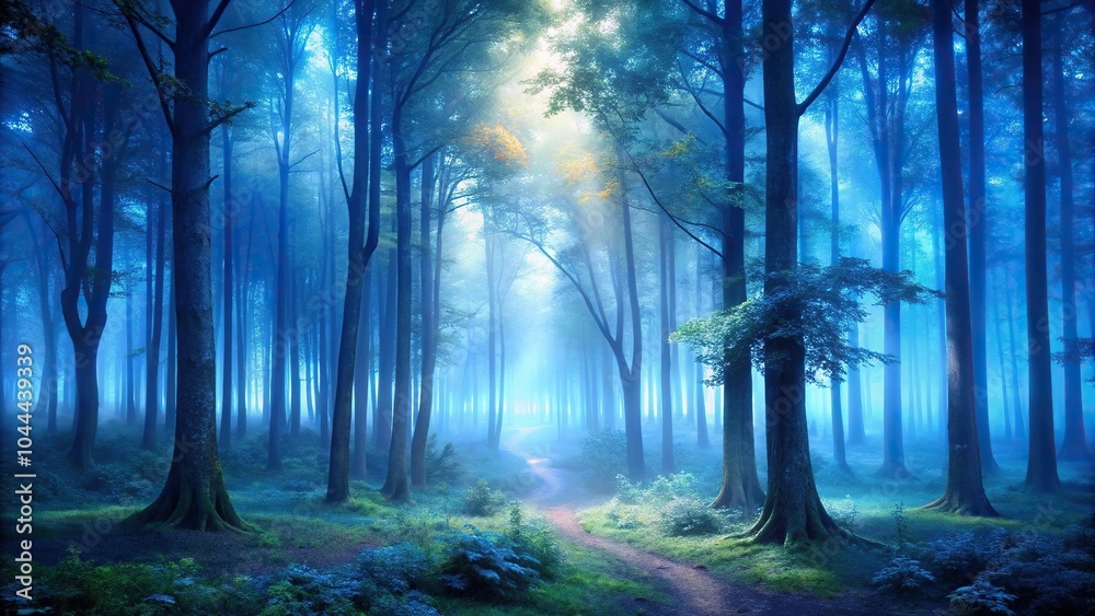 Obraz premium Serene mystical forest scene shrouded in blue mist