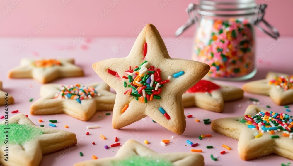 Christmas cookies, star-shaped cookie, colorful sprinkles, glass jar, pastel pink background, homemade baking, festive desserts, holiday treats, sugar cookies, soft lighting, close-up photography, foo