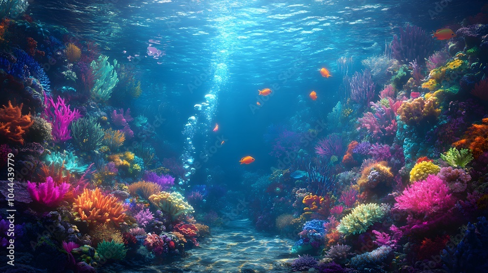 Obraz premium A vibrant underwater paradise with glowing corals and playful sea creatures dancing through the crystal-clear waters