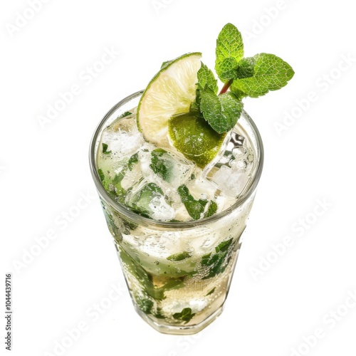 A refreshing Mojito cocktail with muddled mint leaves and a lime wedge, served in a tall glass filled with crushed ice, the drink sparkling with bubbles photo